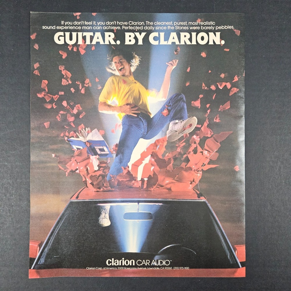 1987 Clarion Car Audio Sunroof Air Guitar Player Vintage Print Ad Lawndale CA